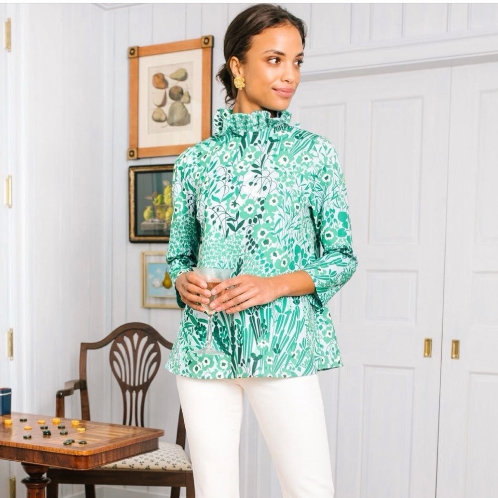 Tuckernuck Tie Neck Blouse Wildflower Faye Ruffle Green Floral